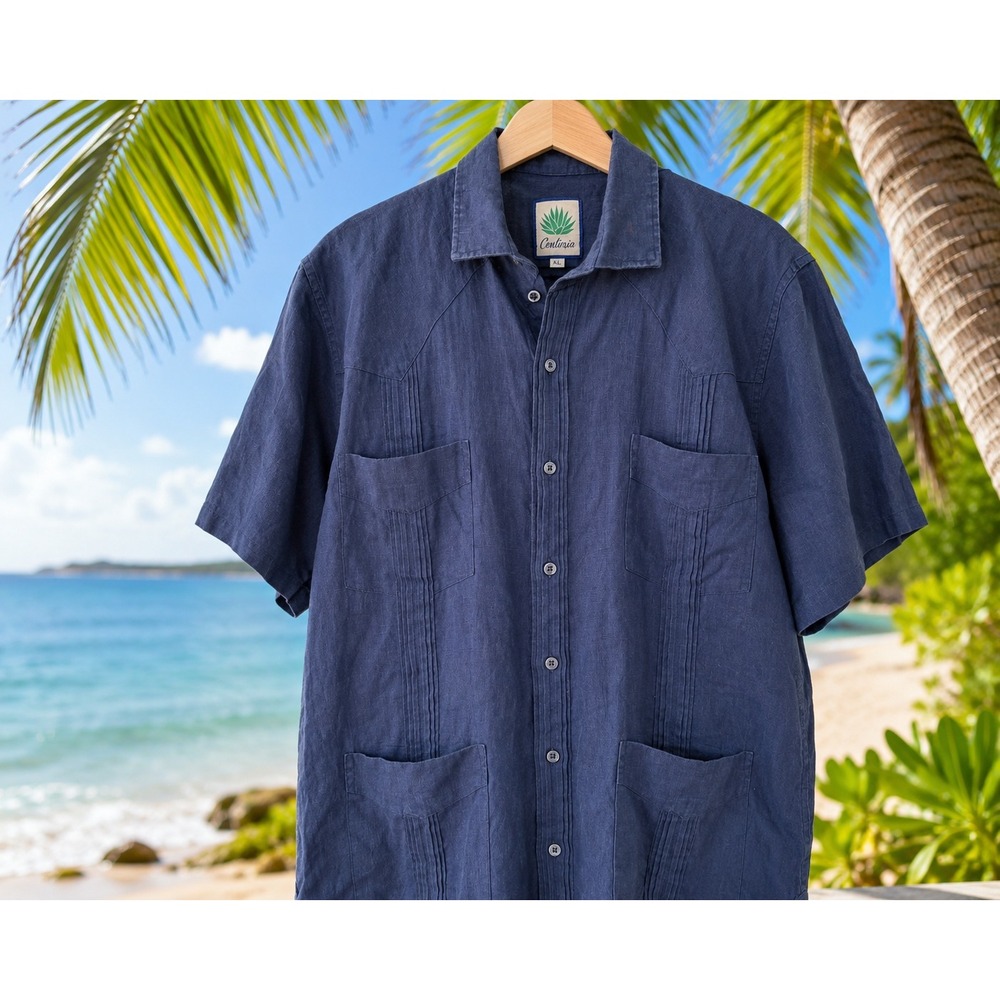 Centuria 100%‎ Linen Guayabera Shirt XL Navy Blue 4 Pocket Cuban Camp Resort